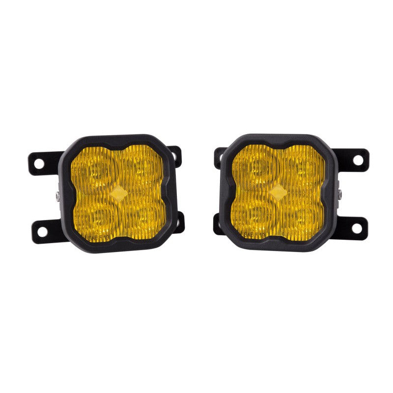 Diode Dynamics SS3 Pro 3-inch yellow LED fog light pods with Type AS mounting brackets and wiring adapters.