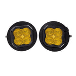 Diode Dynamics SS3 Pro yellow 3-inch LED pod fog light kit with round mounting brackets and wiring adapters.