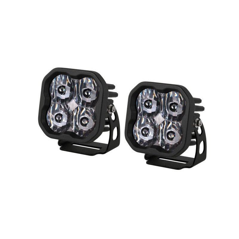 Pair of Diode Dynamics SS3 Sport 3-inch LED light pods with white backlight and SAE driving beam lenses.
