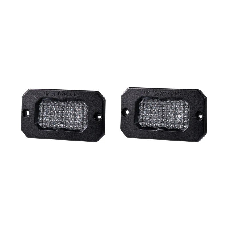 Pair of Diode Dynamics Stage Series 2-inch Sport white flood flush mount LED pods with red backlight and TIR optics