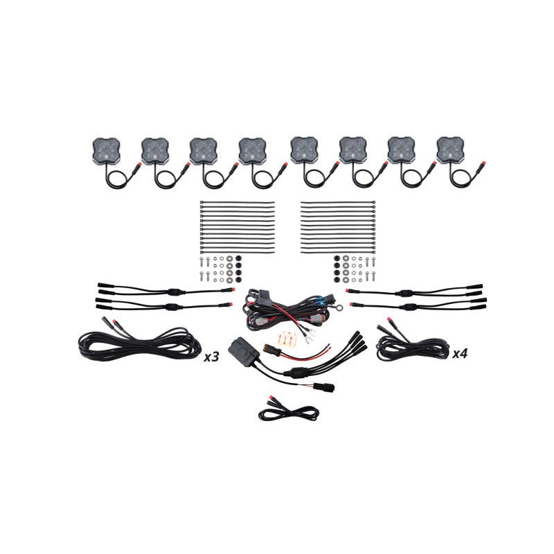 Diode Dynamics Stage Series 8-pack RGBW LED rock lights with wiring harness, aluminum heatsinks, and mounting hardware.