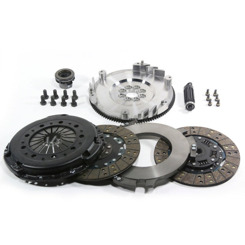 DKM MS Series twin disc clutch assembly with two organic discs and a single mass steel flywheel for BMW.