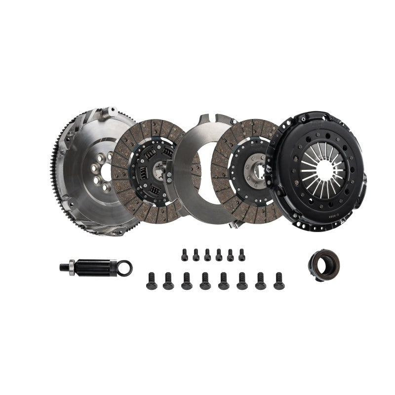 DKM MS Series twin disc clutch kit including organic friction discs and a single mass steel flywheel for BMW M3.