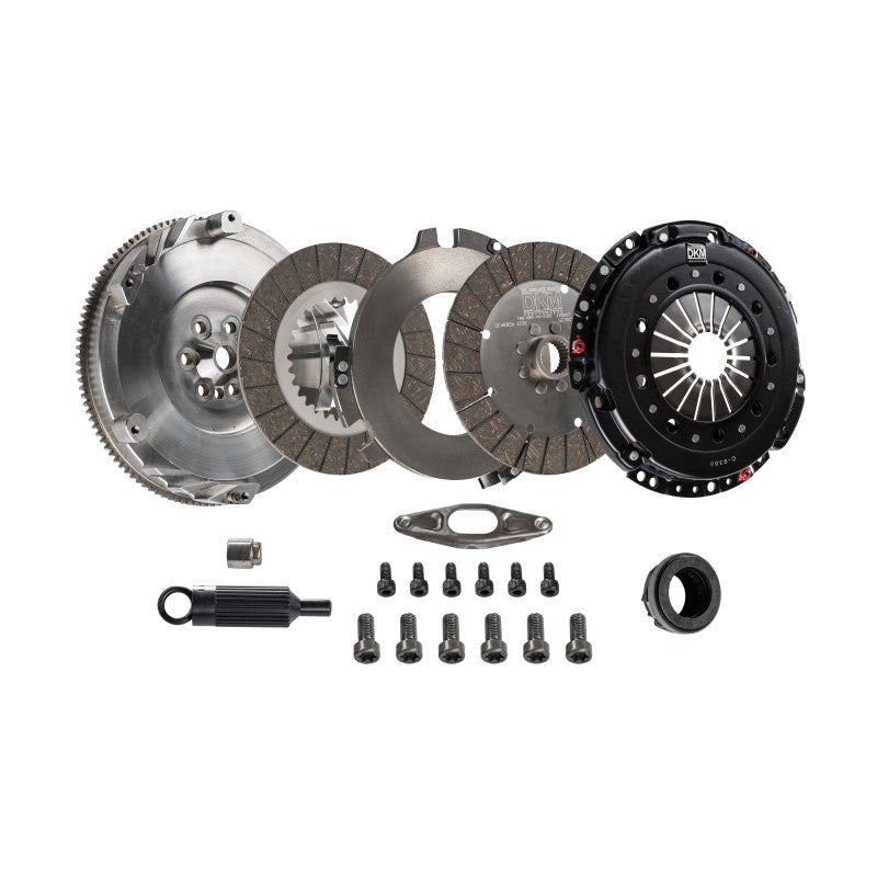 DKM MS Series twin disc clutch kit featuring dual organic discs and a steel single mass flywheel for BMW N54 engines