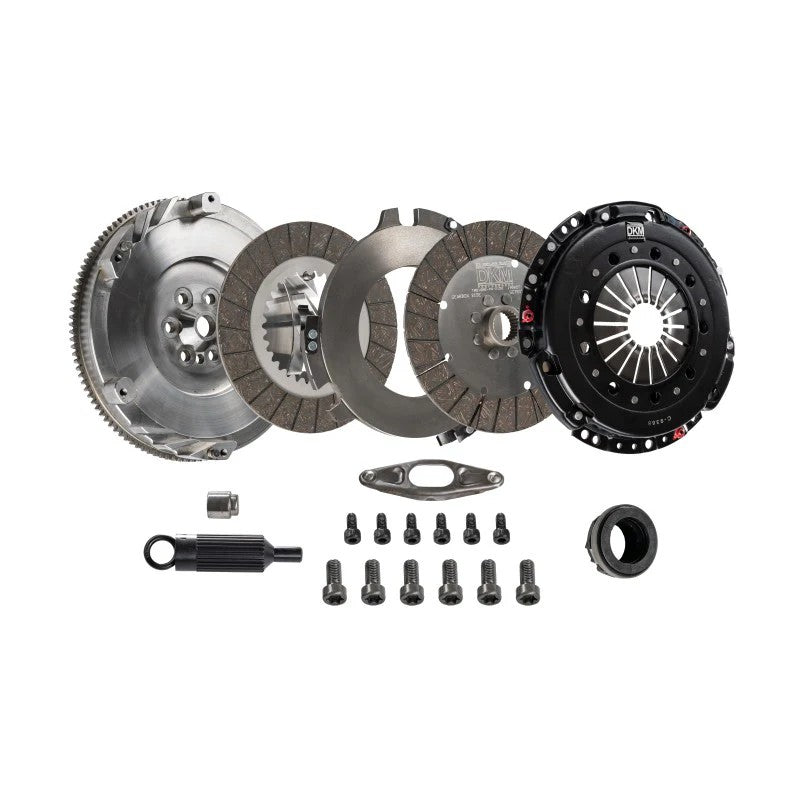 DKM Clutch MS Series organic twin disc clutch kit with pressure plate and single mass steel flywheel.