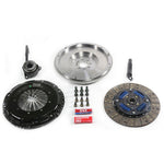 DKM MB Series clutch kit including pressure plate, sprung organic friction disc, and single-mass steel flywheel.