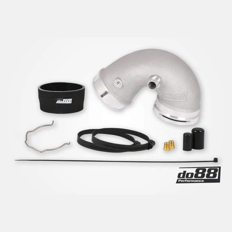 do88 silver aluminum intercooler to throttle body J-pipe with black silicone coupler for BMW F8X M3, M4 and M2 Competition.