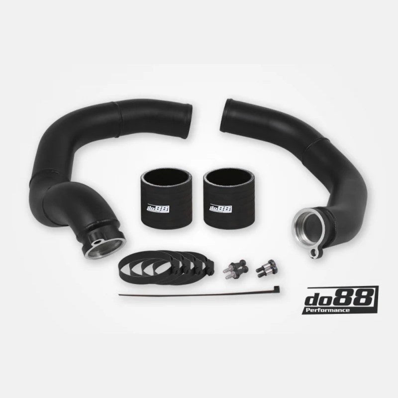 do88 mandrel-bent aluminum turbo to intercooler charge pipe kit with silicone couplers for BMW M2, M3, and M4.
