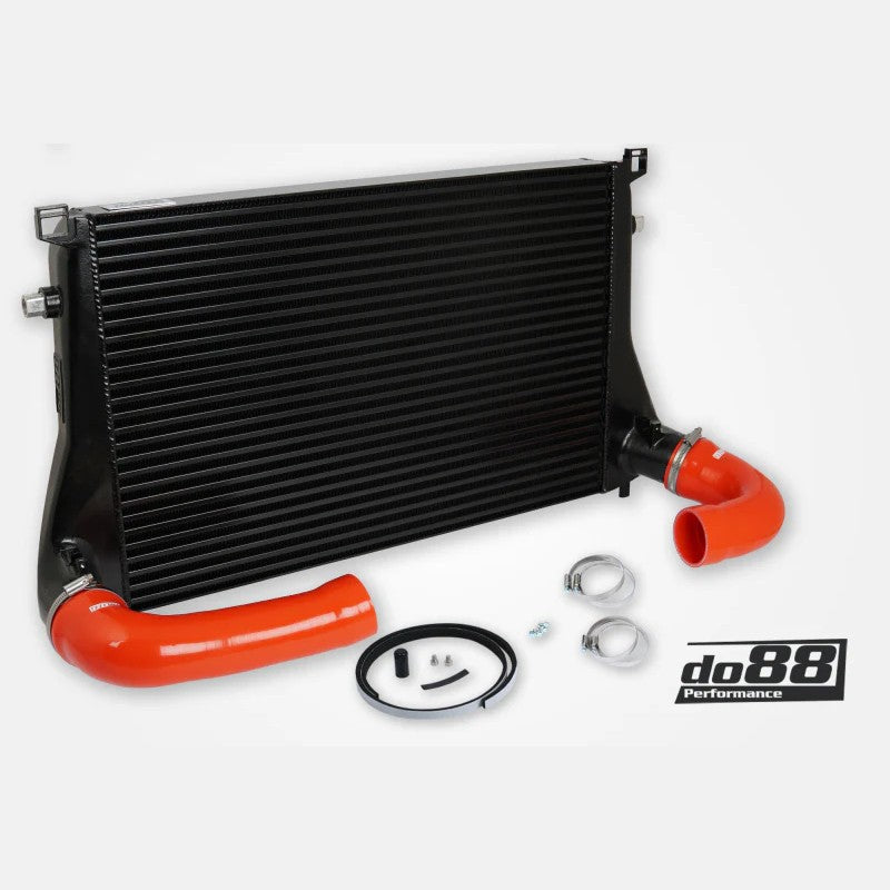 do88 performance intercooler for MQB Audi and VW 1.8T/2.0T with red silicone hoses and mounting hardware.
