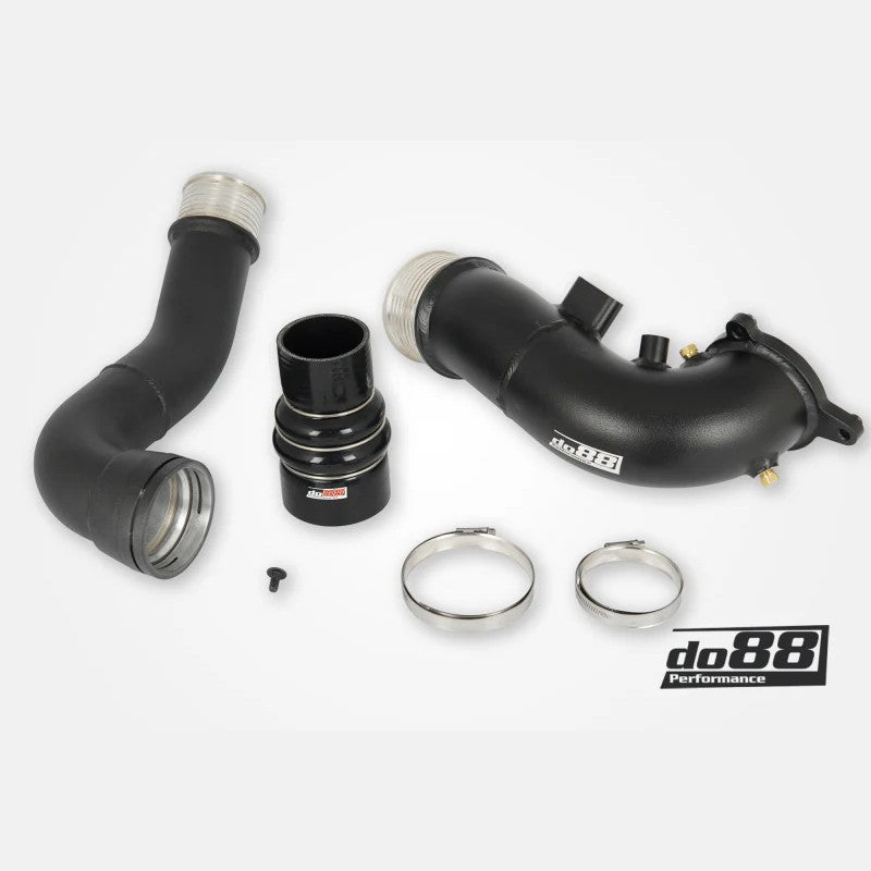 Black do88 aluminum charge pipe for BMW B58 Gen 1 engines, part number TR-410.