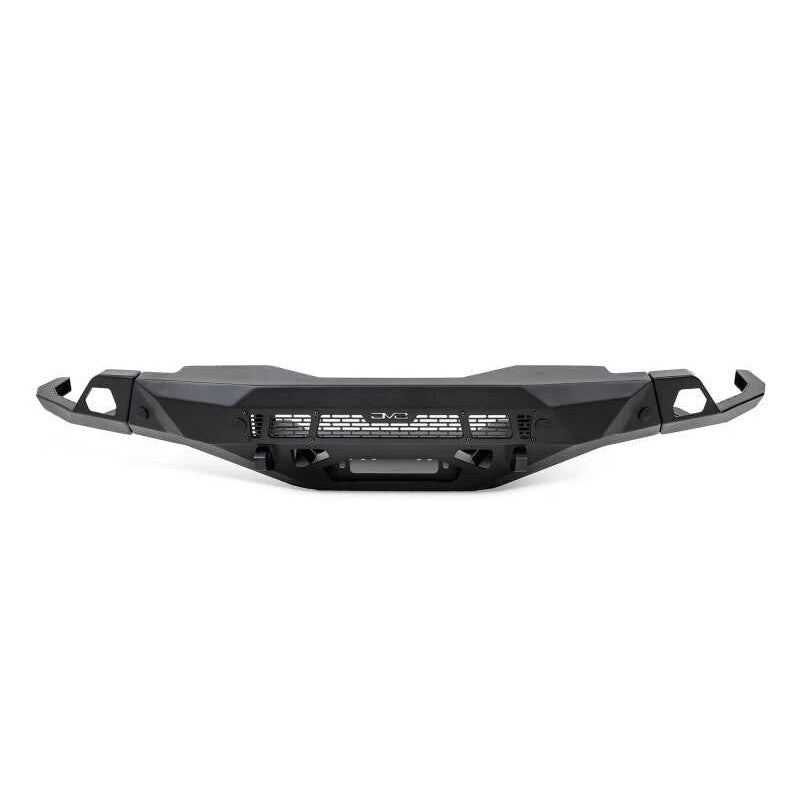 DV8 Offroad Spec Series front bumper in micro-texture black with winch mount and skid plate for 2019-2021 GMC Sierra 1500.