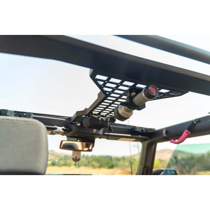 DV8 micro-texture black powder coated steel overhead molle storage panel with grab handle for 2021-2025 Ford Bronco 2-Door.