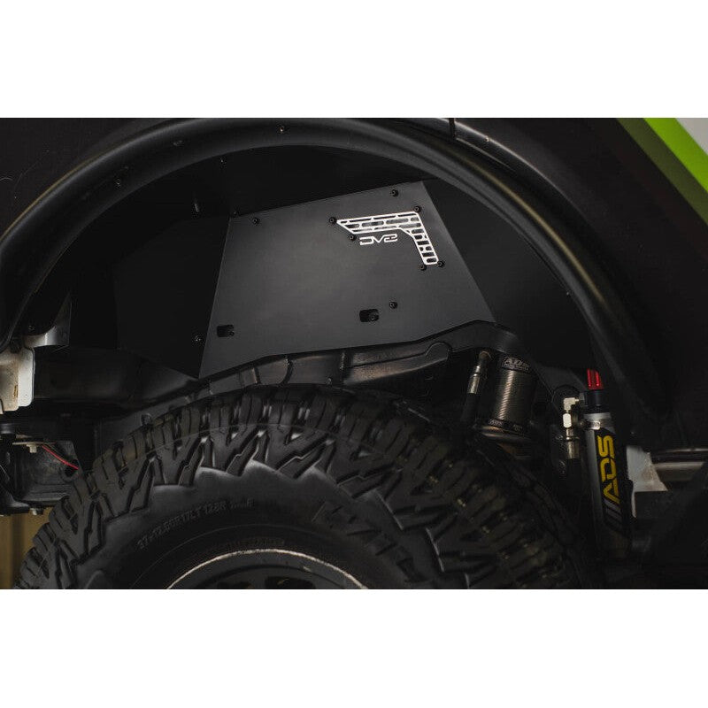 DV8 Offroad satin black aluminum rear inner fender liners for 2021-2025 Ford Bronco with raw paintable mesh accents.