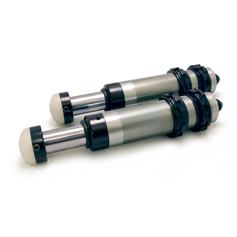 Pair of DV8 Offroad threaded body 2.0 hydraulic bump stops with 2.5-inch stroke for Jeep Wrangler and Gladiator.