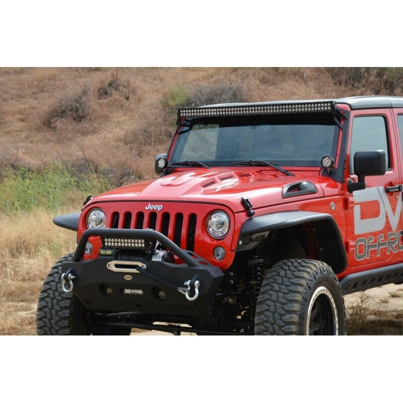 DV8 Offroad stamped steel heat dispersion hood with vents in a primer black finish for 2007-2018 Jeep Wrangler JK