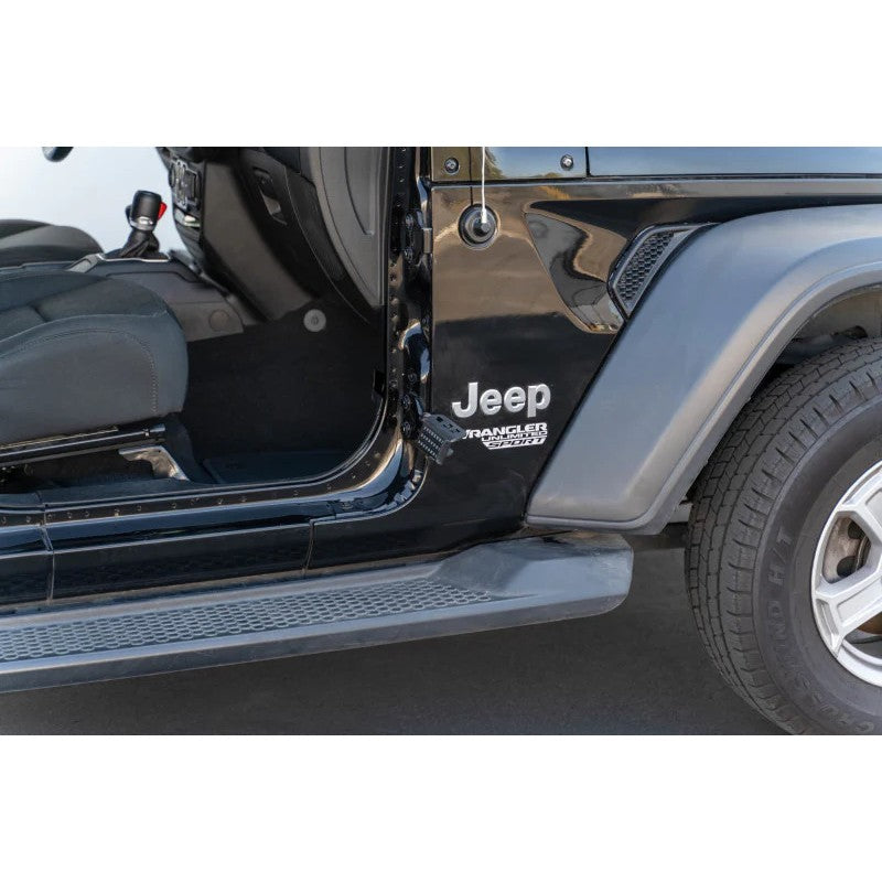 Hinged black steel foot pegs for Jeep Wrangler door hinges featuring anti-slip texture and rubber padding.