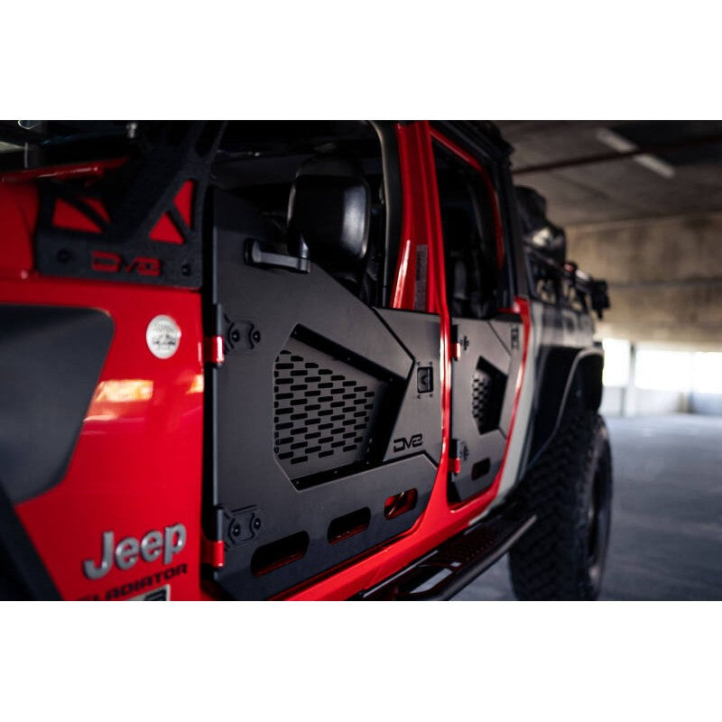 DV8 Offroad Spec Series front half doors in micro-texture black with Molle mesh panels and side mirrors