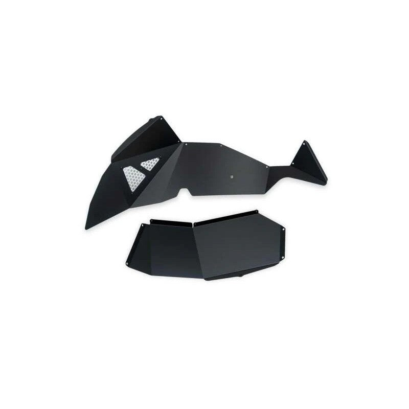 Black powder coated aluminum rear inner fenders for Jeep Wrangler JL with raw mesh accents.