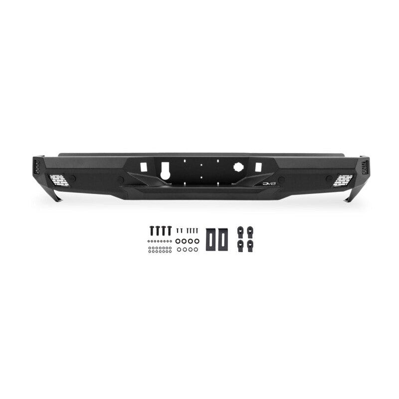 DV8 Offroad Spec Series rear bumper for 2020-2023 Silverado and Sierra HD in micro-texture black powder coat.