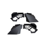DV8 Offroad satin black aluminum front inner fenders with perforated mesh inserts for Jeep Wrangler JK.