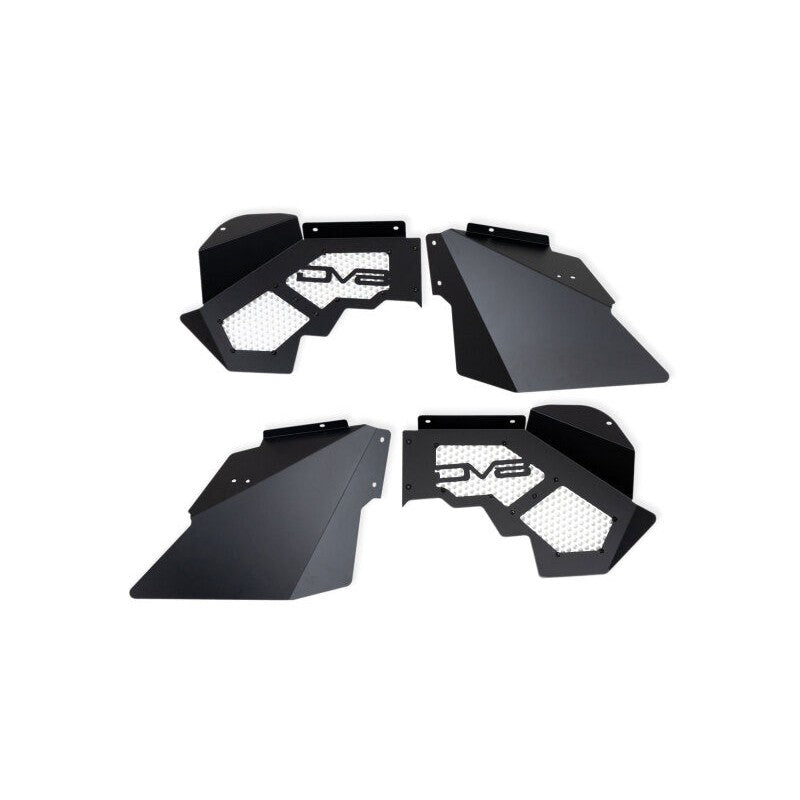 DV8 Offroad satin black aluminum front inner fenders with perforated mesh inserts for Jeep Wrangler JK.