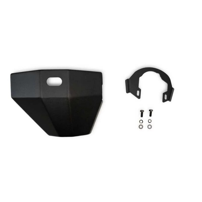 DV8 Offroad black micro-texture powder coated 5mm steel front differential skid plate with removable aluminum logo.