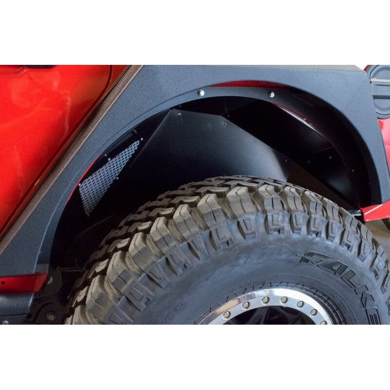DV8 Offroad black powder-coated aluminum rear inner fender liners for Jeep Wrangler JL.