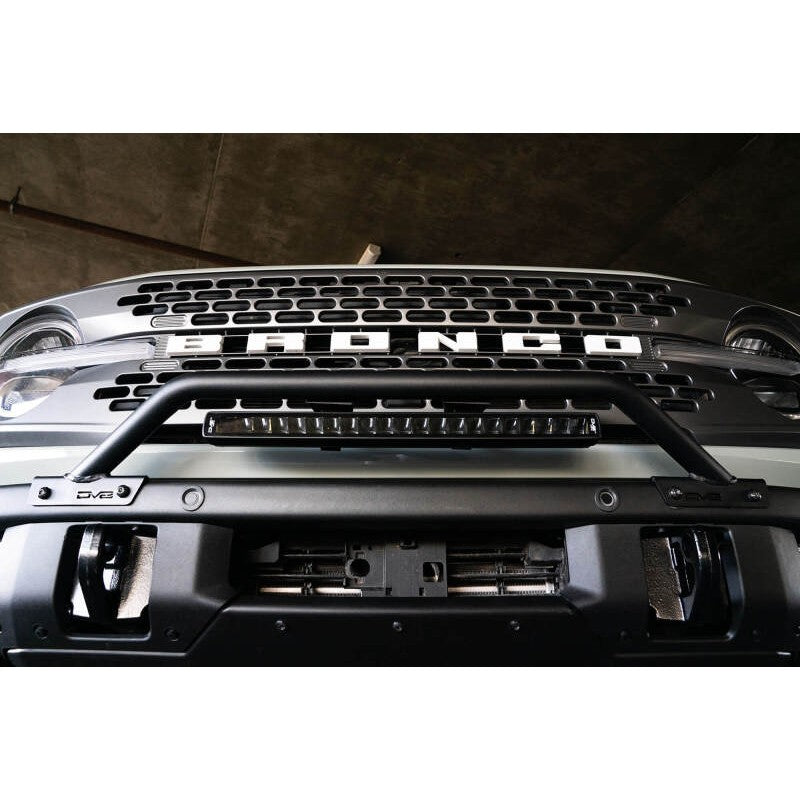 DV8 Offroad LBBR-06 black powder coated steel bull bar with light mounts for 2021-2026 Ford Bronco factory steel bumpers.