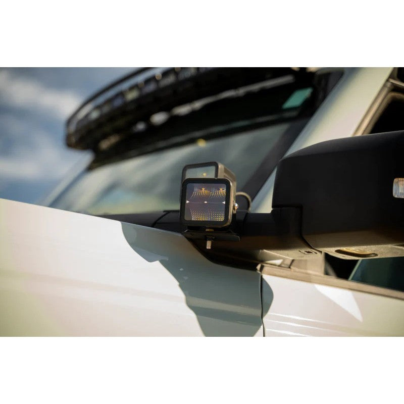 Micro-texture black DV8 Offroad dual light pod A-pillar drop mounts for 2021-2026 Ford Bronco