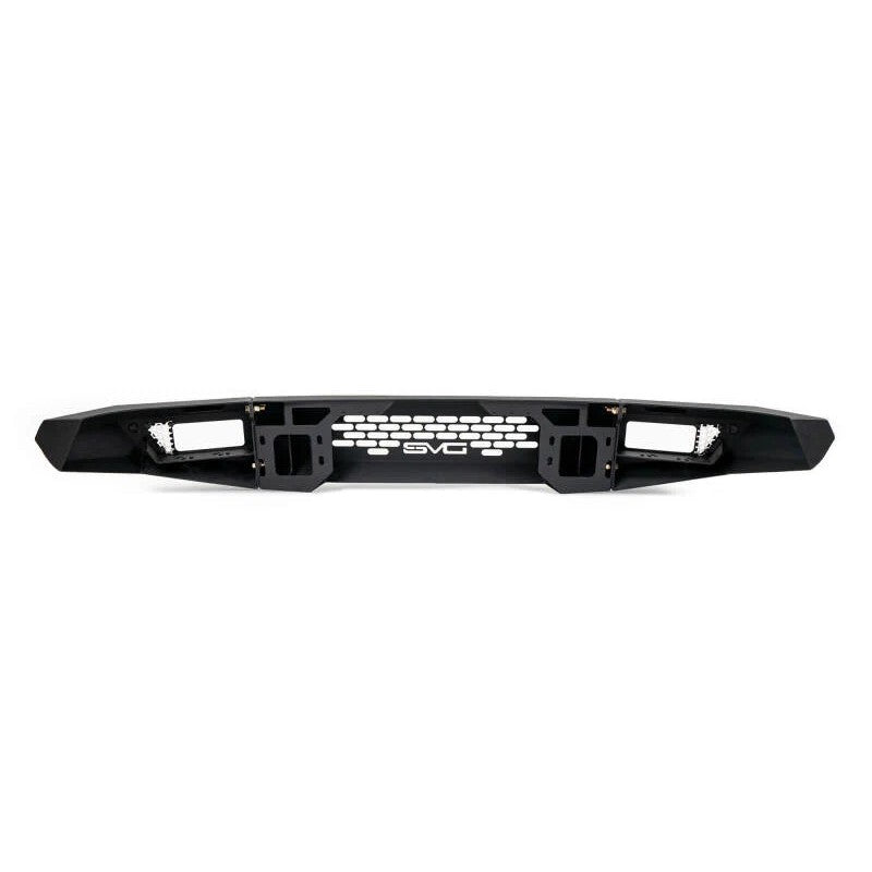 DV8 Offroad OE Plus micro-texture black low-profile front bumper for 2021-2026 Ford Bronco showing light bar mounts.