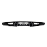 DV8 Offroad OE Plus micro-texture black low-profile front bumper for 2021-2026 Ford Bronco showing light bar mounts.