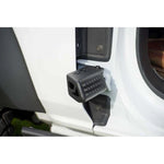 DV8 Offroad black micro-texture powder coated foot pegs installed on a Ford Bronco door hinge.