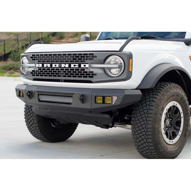 DV8 Offroad OE Plus Series V2 front bumper in micro-texture black for 2021-2026 Ford Bronco