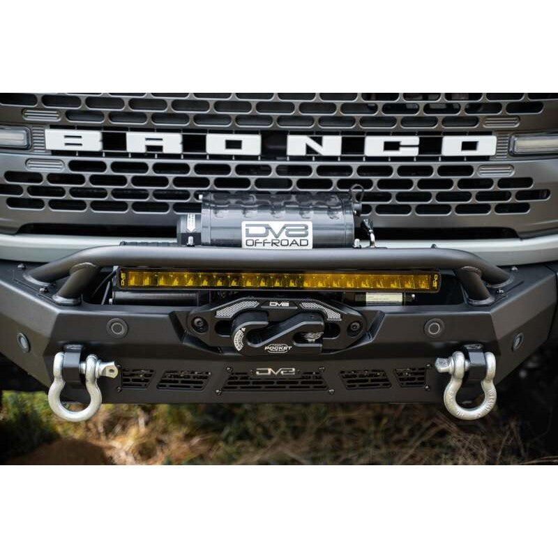 DV8 Offroad Elite Series 20-inch single row amber LED light bar with polycarbonate lens and integrated heat fins.