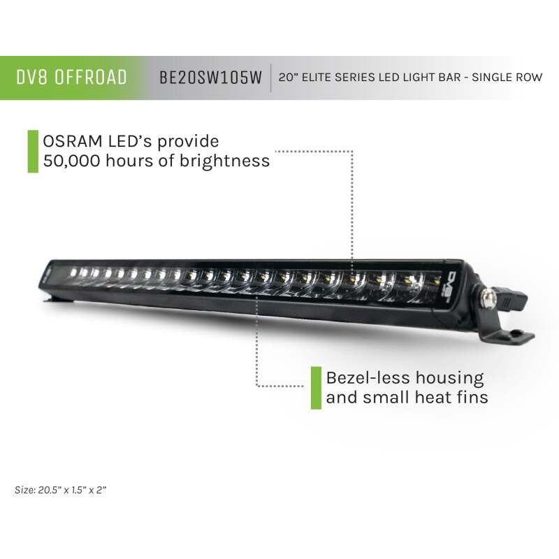 DV8 Offroad 20-inch single row bezel-less LED light bar with internal indirect reflectors and black housing.