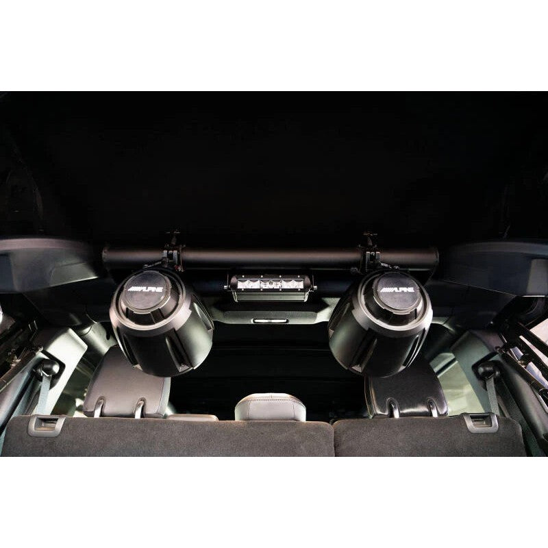 DV8 Offroad BRSB-01 micro-texture black powder coated steel rear speaker and light mount bar for 2021-2026 Ford Bronco.