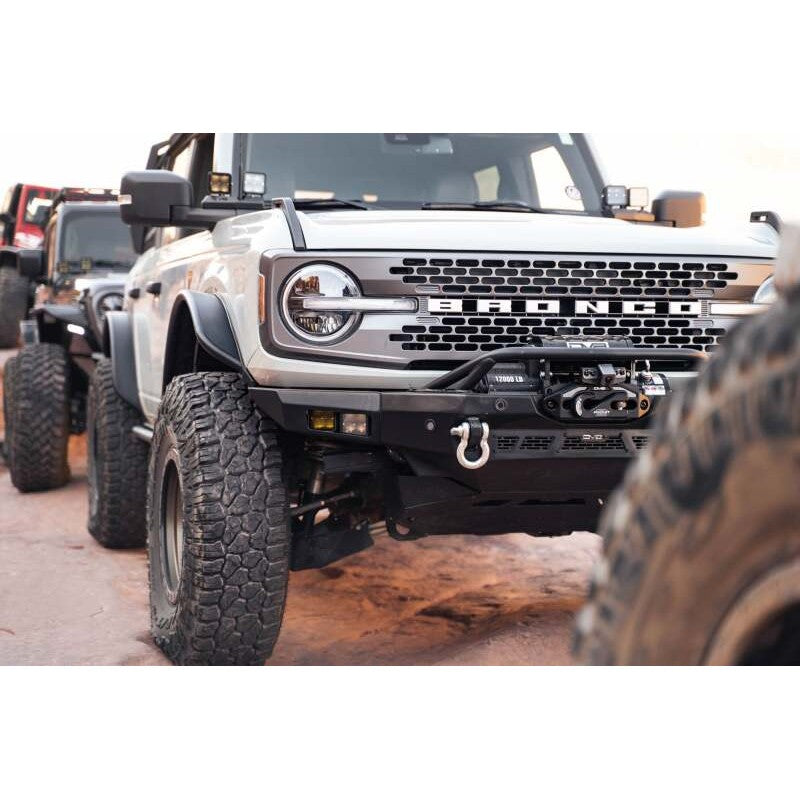 DV8 Offroad FBBR-05 Spec Series black winch front bumper with bull bar and skid plate for 2021-2026 Ford Bronco.