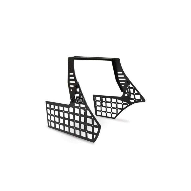 Black laser-cut steel center console molle panels and removable device bridge for 2022-2026 Toyota Tundra.