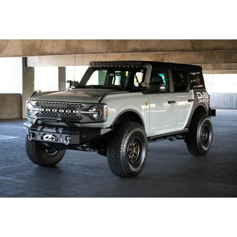 Black powder-coated steel bull bar add-on for DV8 MTO Series Bronco bumper with light bar mounting bracket