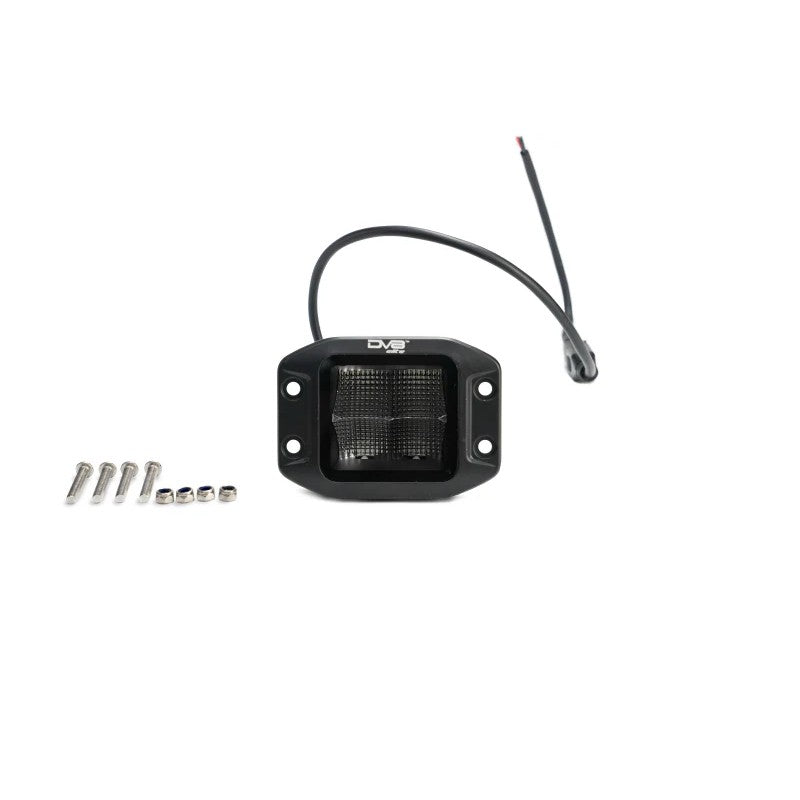 DV8 Offroad Elite Series 3-inch flush mount cube LED pod with bezel-less face and indirect spot beam reflector.