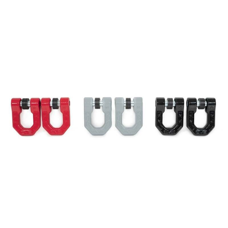 Pair of black powder-coated DV8 Offroad Elite Series forged steel D-ring shackles with flush-mount chromoly pins