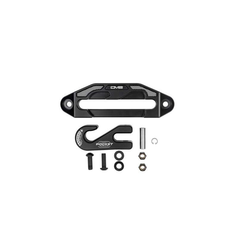 Black anodized CNC aluminum DV8 Offroad pocket fairlead for synthetic rope with included heavy-duty hook and steel pin.