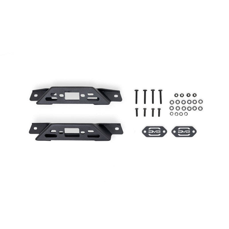 Pair of DV8 Offroad black powder coated roof rack grab handles with M6 accessory slots and tie-down hooks.