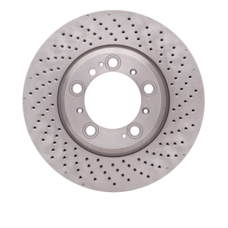 DFC right rear cross-drilled brake rotor for Porsche 911 featuring G3000 iron construction and CNC machining.