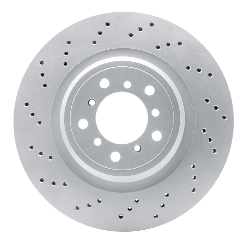 DFC GeoSPEC drilled left front brake rotor with grey corrosion-resistant coating