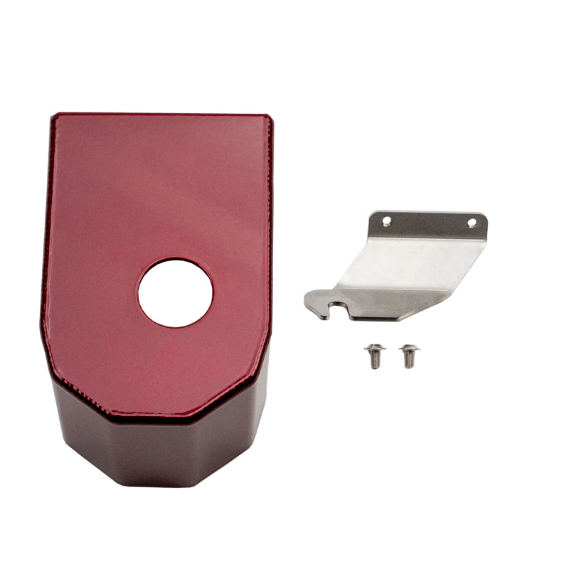 WCFab Red powder coated fabricated aluminum brake reservoir cover for 2006-2024 Ram 2500 and 3500 Cummins trucks.
