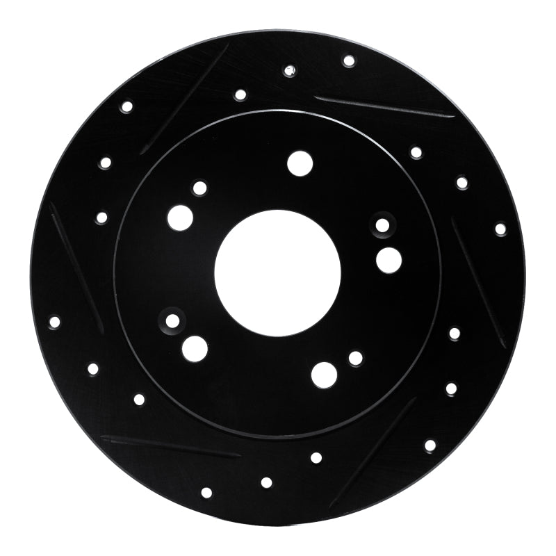 Black R1 Concepts rear left brake rotor with cross-drilled holes and precision-machined gas slots.