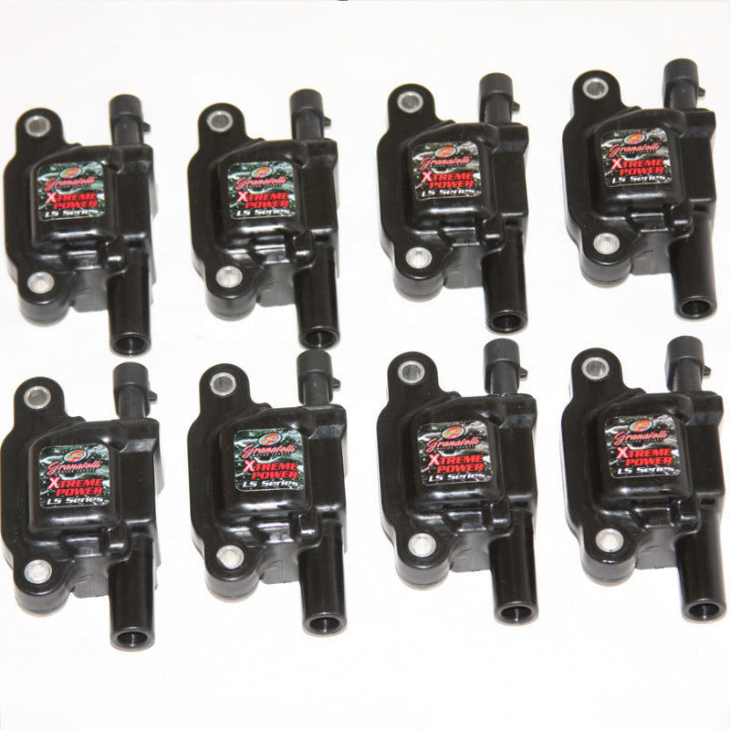 Eight black Granatelli high performance ignition coil packs for GM LS series V8 engines