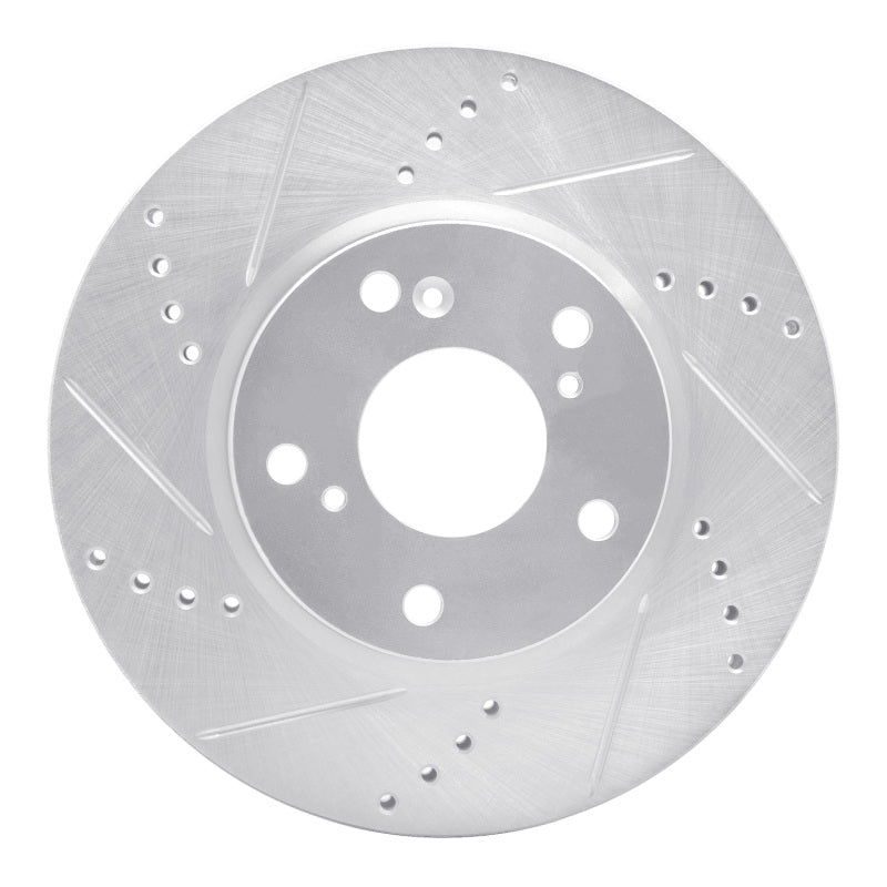 R1 Concepts silver drilled and slotted front left brake rotor for Honda vehicles.
