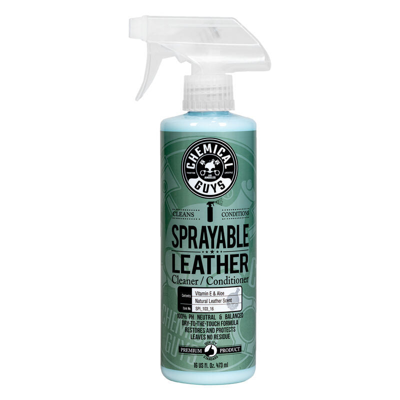16oz clear spray bottle of Chemical Guys Sprayable Leather Cleaner & Conditioner with a black trigger sprayer